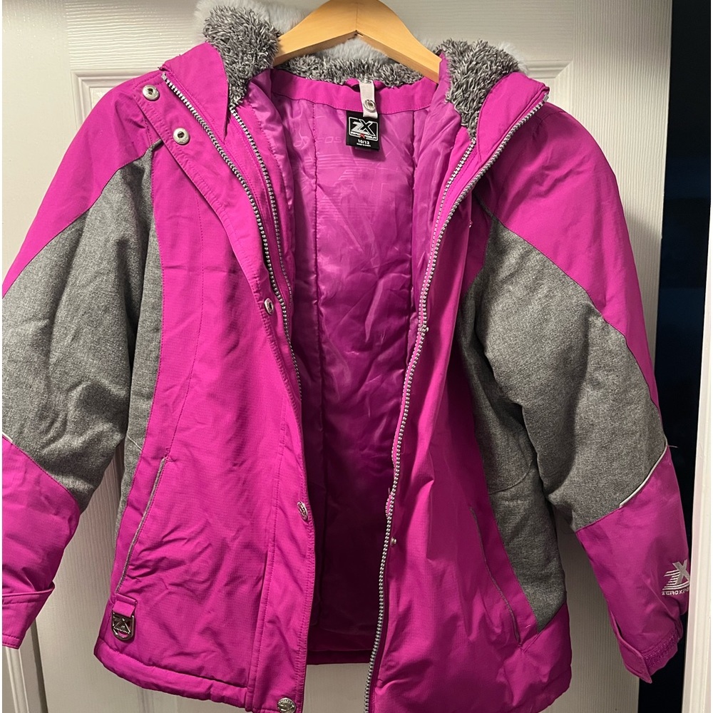 Girls double zip winter jacket. Pink and purple with fur hood.